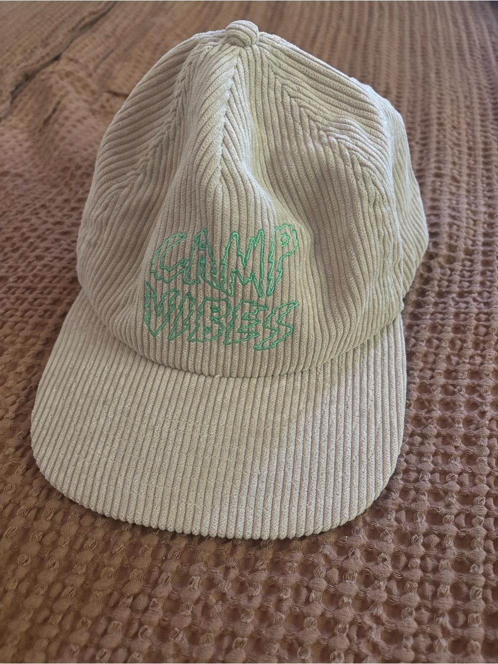Corduroy 'Camp Vibes' Cap in Off-White with Mint Embroidery